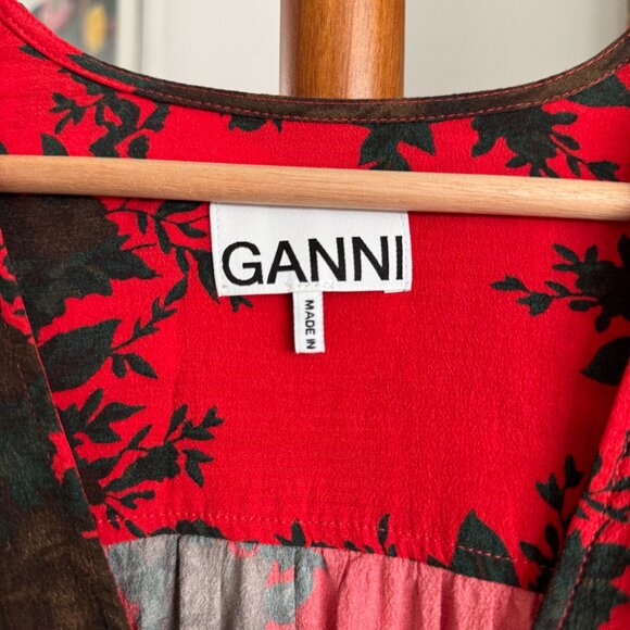 Ganni - Floral Print Crepe Mini Dress in Red - Picture 6 of 10